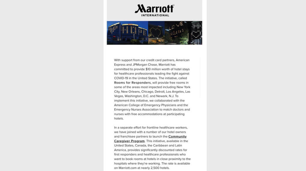 Email from Marriott International addressing their community and the initiatives they are taking during covid